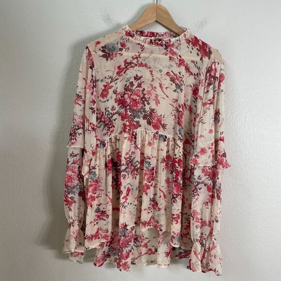 Sundance Womens Large Sheer Floral Peplum Top Ruffle Detail Long Sleeve Blouse - Picture 6 of 12